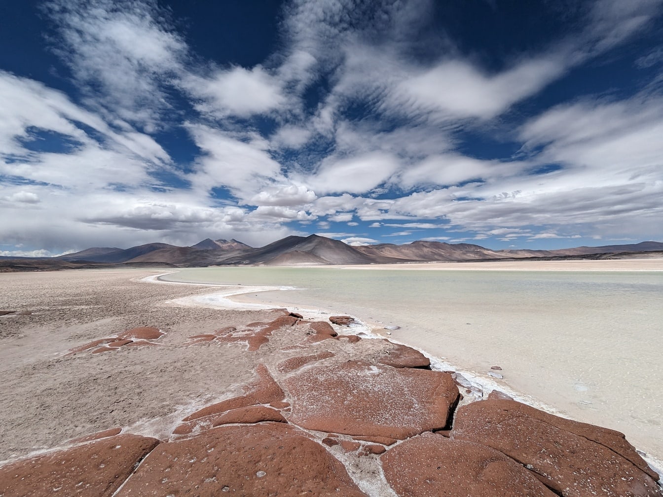 Maiestuoasă plajă sărată într-o lagună de sare pe un platou de mare altitudine în deșertul din Chile