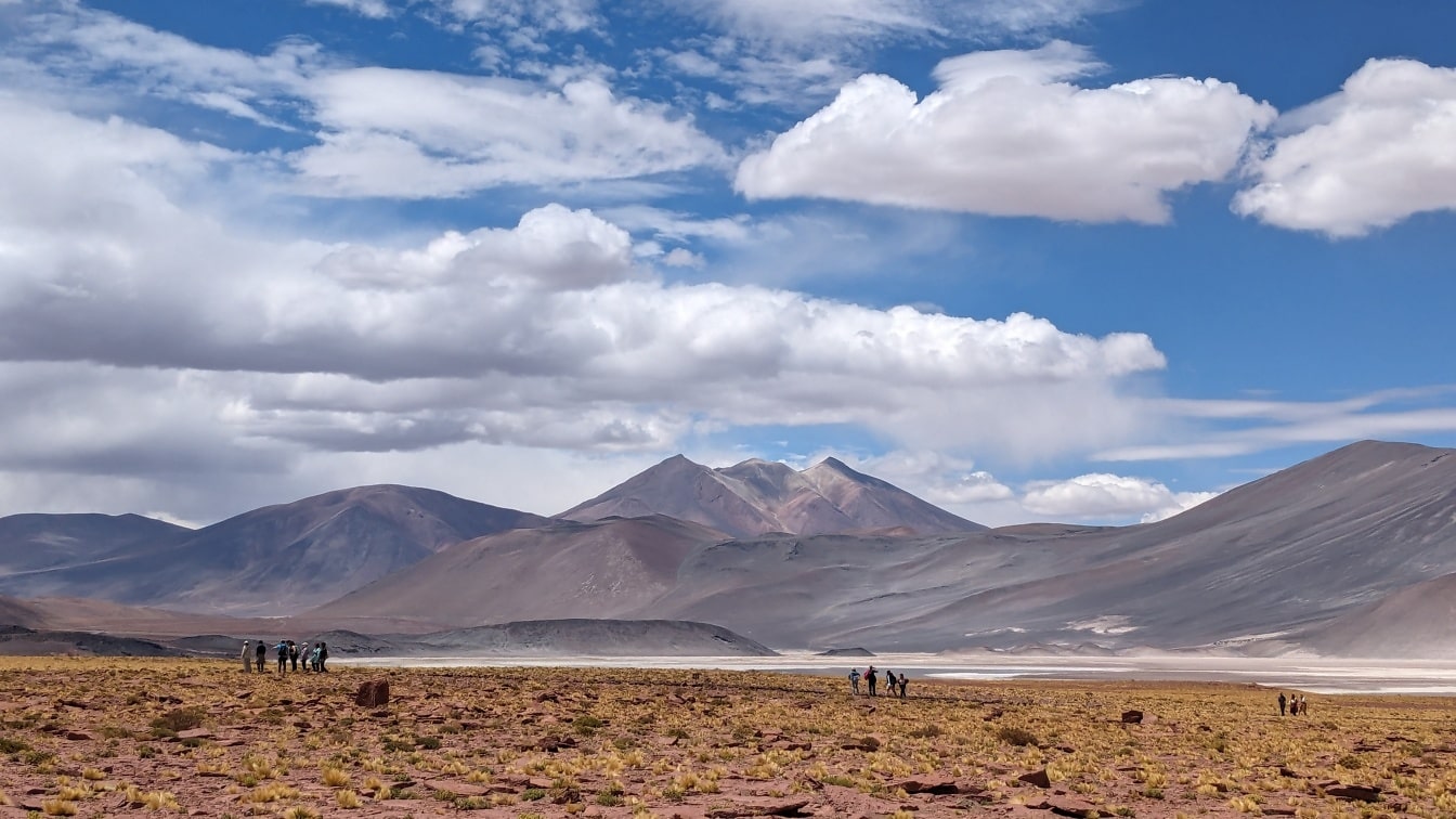 Gruppe af turister stående i en ørken i Bolivia i Sydamerika
