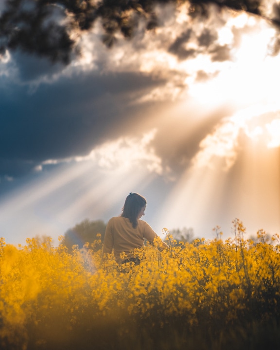 Счастливая женщина в цветочном поле с солнечными лучами сквозь темные тучи, изображение свободы и счастья