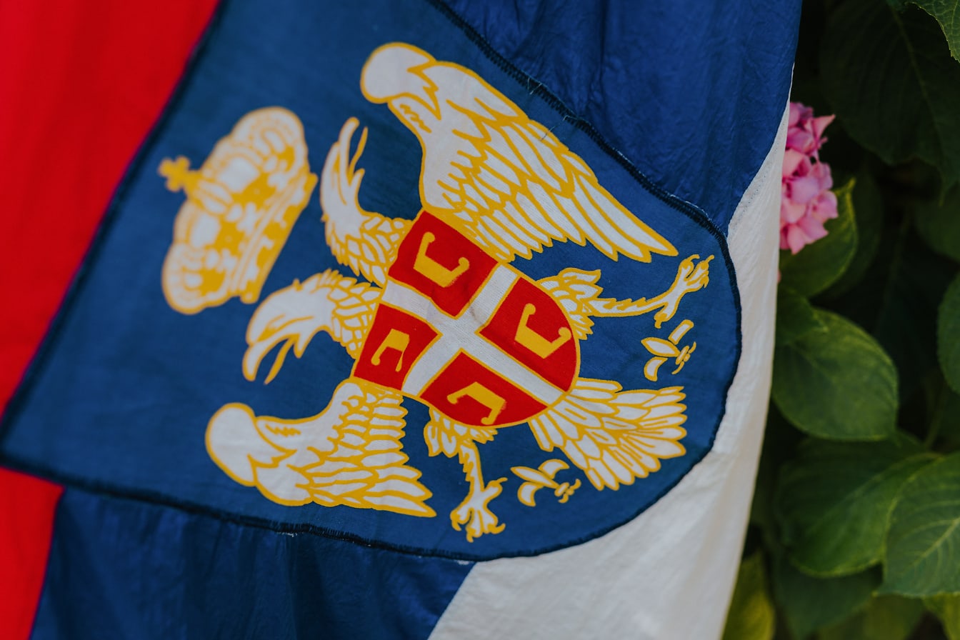 Serbiens flagga med den nationella heraldiska symbolen, vapenskölden med den dubbelhövdade vita örnen