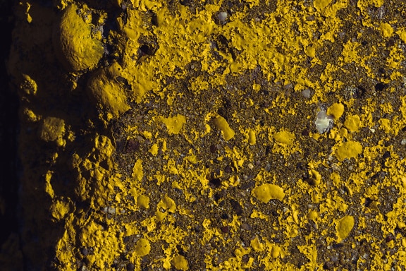 Vivid yellow paint peeling off  from a rough concrete surface