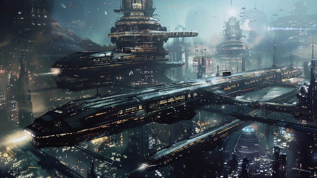 Futuristic technologically advanced city with flying spacecrafts illustrating flying city transport