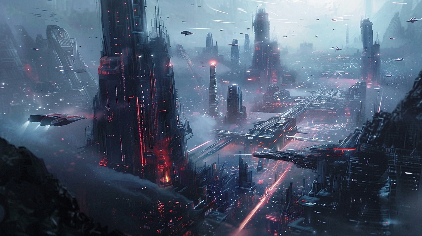 Metropolia nocą z latającymi statkami kosmicznymi ilustrującymi nowoczesne technologiczne miasto