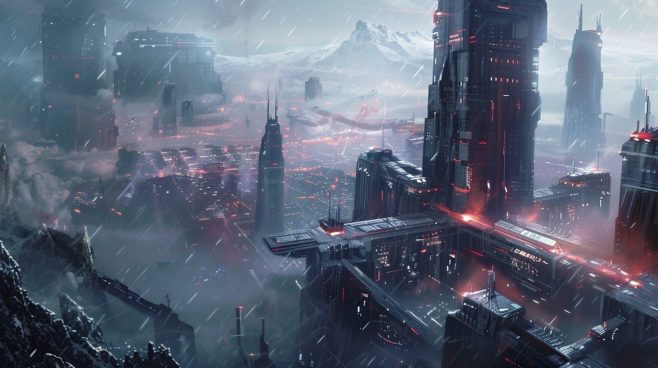 Kozmická snehová búrka a dážď nad futuristickým vyspelým mestom