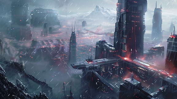 Kosmisk snestorm og regn over en futuristisk avanceret by