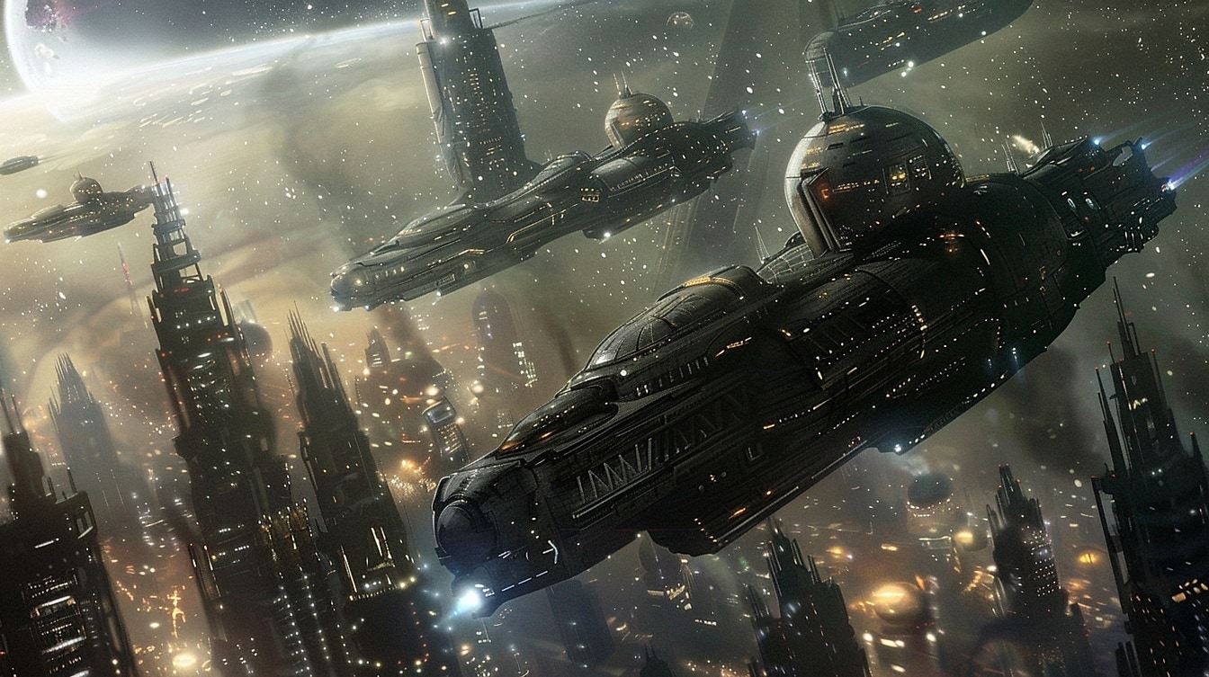 Концепция за бойни космически кораби в стил “Междузвездни войни”, летящи в небето над футуристичен метрополис