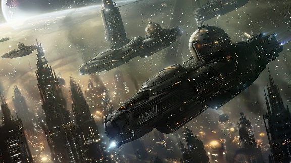 Ett koncept av stridsrymdskepp i stil med star wars som flyger på himlen över futuristisk metropol