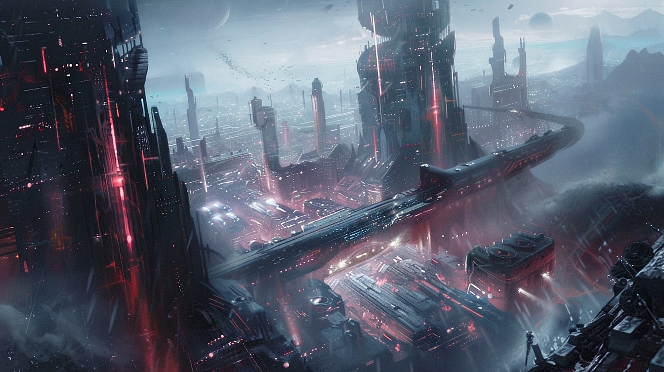 Un capolavoro epico concetto di città futuristica su un altro pianeta