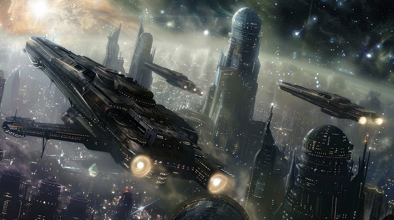 Nadrealni svemirski brodovi noću nadlijeću grad