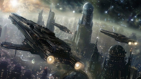 Сюрреалістичні космічні кораблі, що пролітають над нічним містом