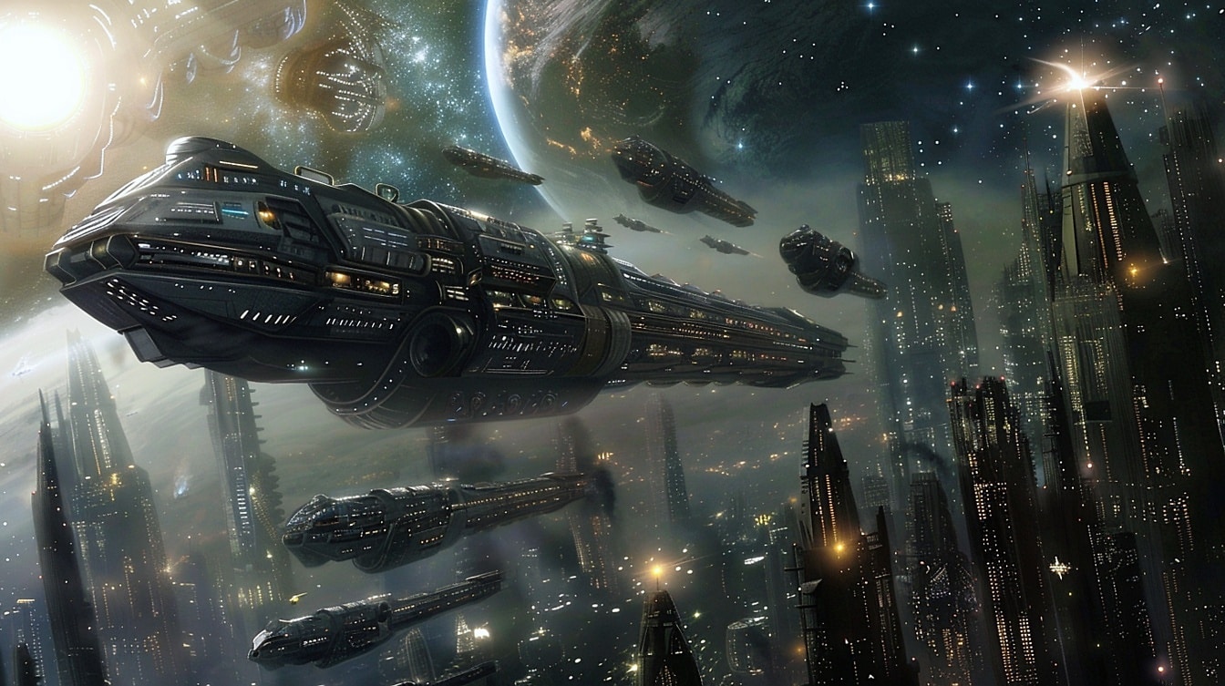 Surrealistický koncept pokročilých bojových vesmírnych lodí lietajúcich nad futuristickým mestom