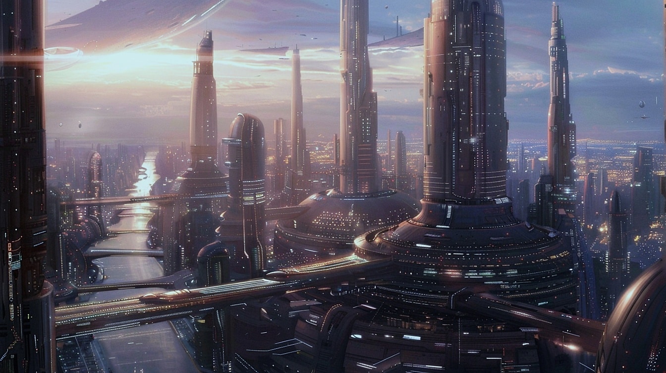 Luova ja inspiroiva futuristinen metropoli, jossa on korkeita rakennuksia ja silta