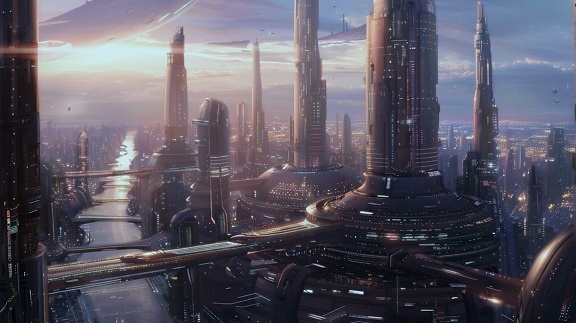 高層ビルと橋のある創造的で刺激的な未来的な大都市