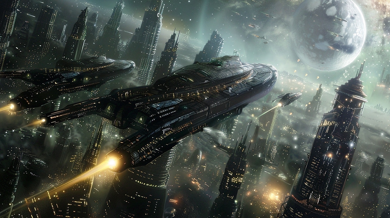 Et fiktivt galaktisk rumskib i stil med stjernekrige, der flyver over en by i en postapokalyptisk verden