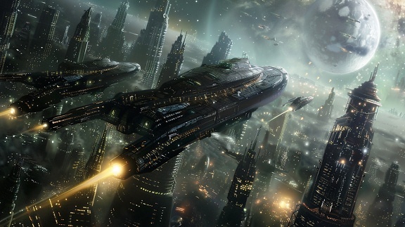 A fictional galactic spaceships in a style of star wars flying over a city in a post-apocalyptic world