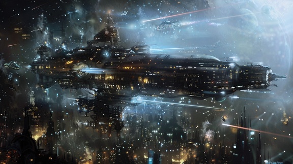 A futuristic space battleship flies at night over technologically advanced city
