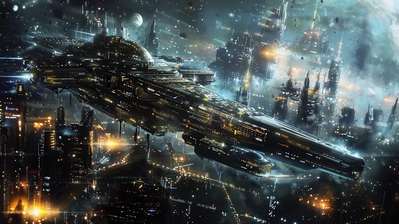 The concept of a fictional combat spaceship flying over a post-apocalyptic city