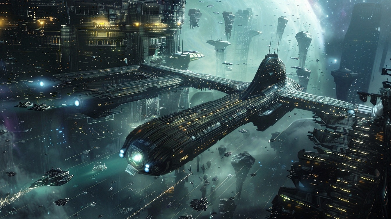 Futuristinen teknologisesti edistynyt kaupunki yöllä, jossa suuri avaruusalus lentää sen yli