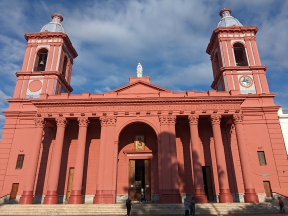 Cathedral Basilica of Our Lady of the Valley in Catamarca in Argentina with two towers in colonial architectural style