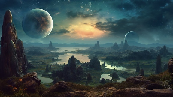 A celestial journey to the otherworldly landscape on fantasy planet in parallel dimension