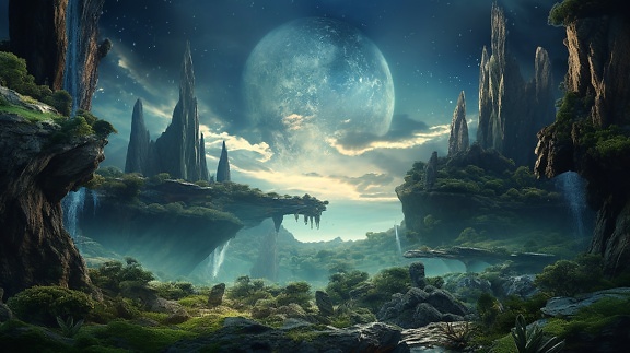 Surrealistic and dreamlike landscape on unknown planet with silhouette of a Moon on celestial glow
