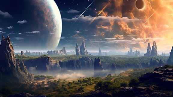 Surrealistische Himmelslandschaft eines Meteoritenschauers auf einem unentdeckten Planeten im Weltraum