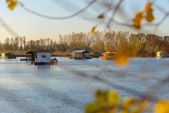 A floating recreational houses on a Tikvara lake in Bačka Palanka city in Serbia