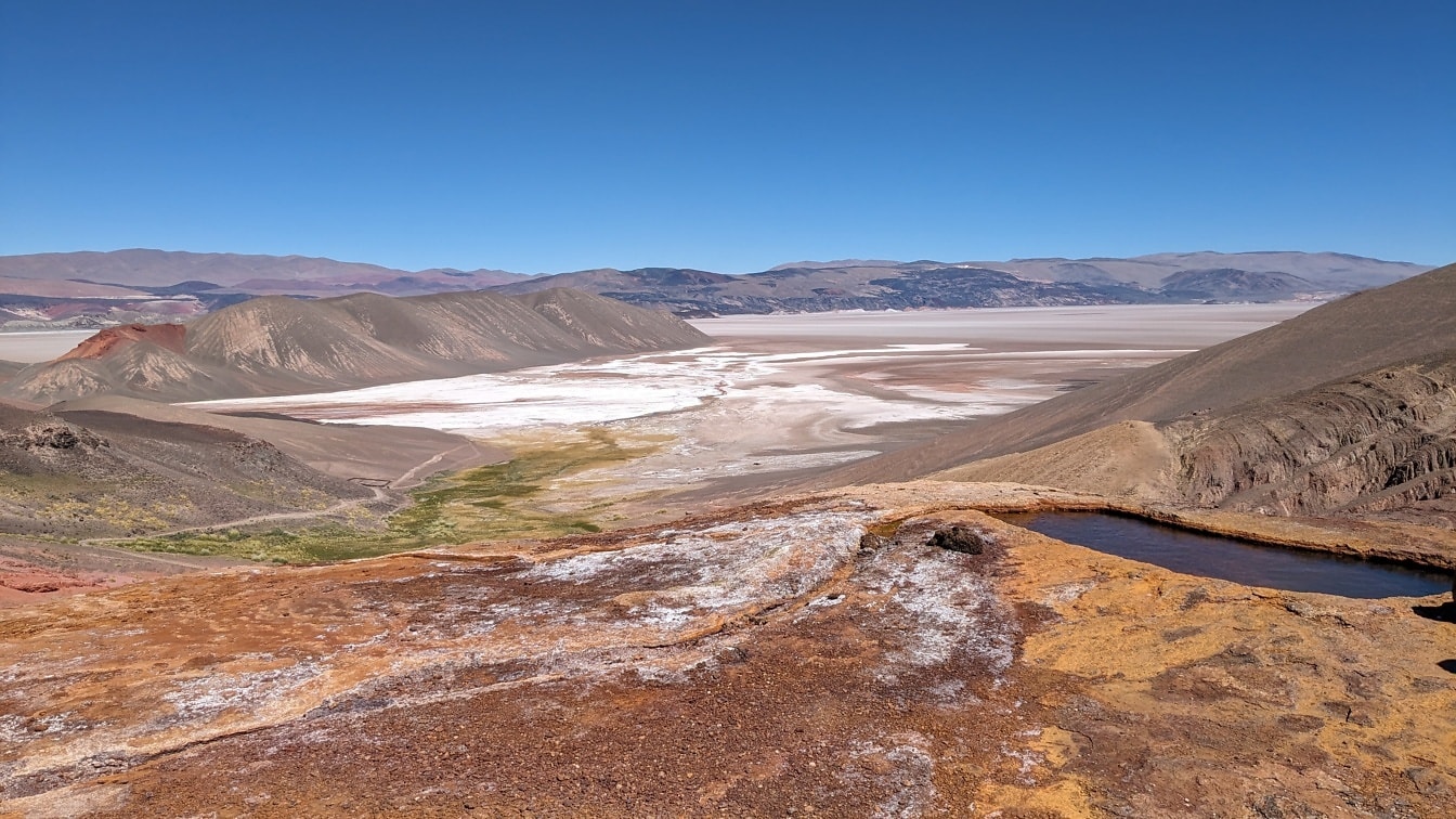 Botijuela gejzírje sivatagi lagúnával a fennsíkon az Andok hegységben, Catamarcában, Argentínában