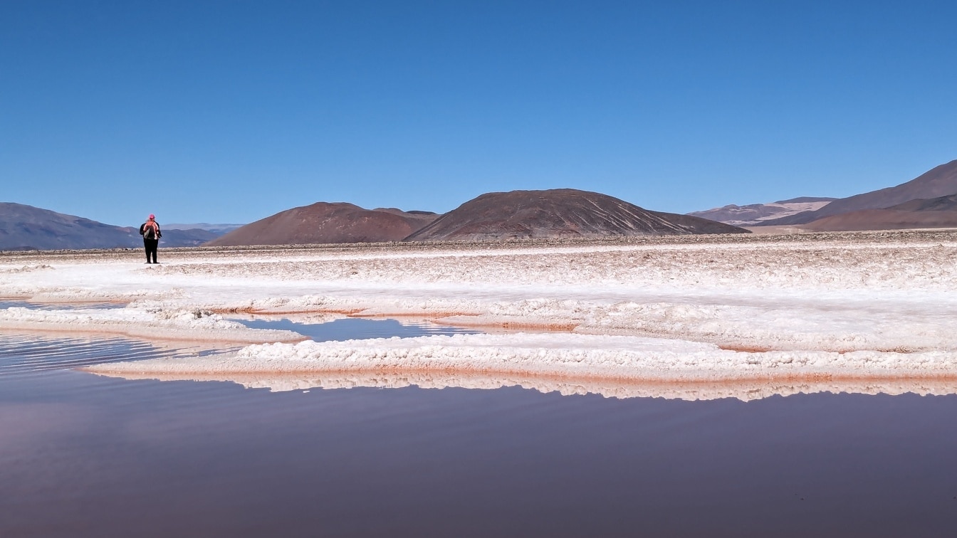 Orang berdiri di tepi danau garam di gurun Salar de Antofalla
