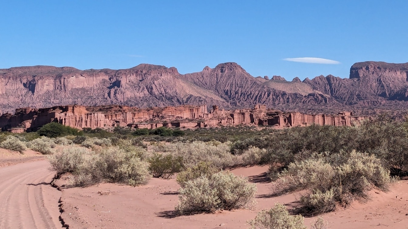 アルゼンチン、ラ・リオハ州タランパヤ国立公園の道路と山々のある埃っぽい砂漠の風景