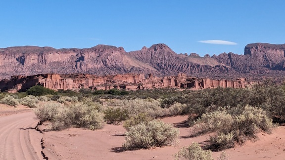 Paysage désertique poussiéreux avec route et montagnes dans le parc national de Talampaya dans la province de La Rioja, Argentine