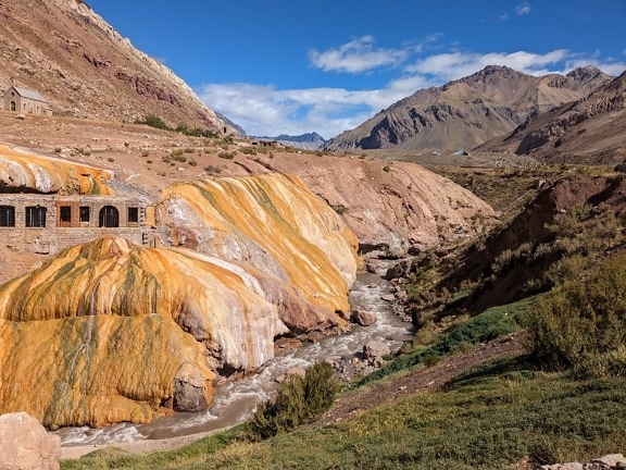 Ручей, протекающий через долину в природном памятнике Пуэнте-дель-Инка, охраняемой природной территории в провинции Мендоса в Аргентине