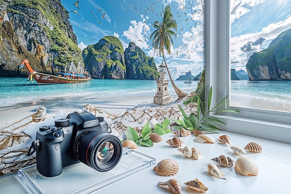 Digital grafisk fotomontage af kamera på et bord med muslingeskaller ved et vindue