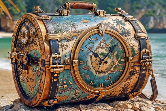 Unique travel bag in a maritime style with a clock on it on the beach