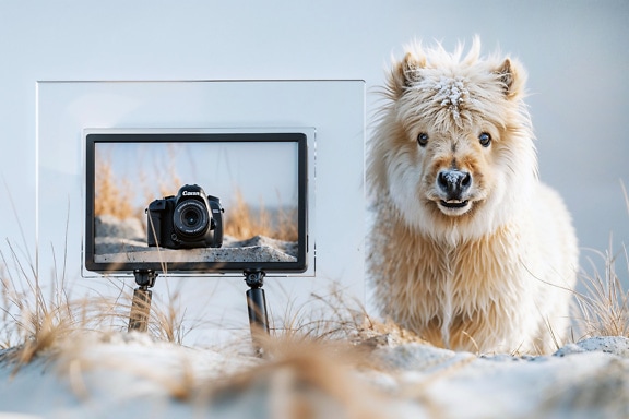 Digitale camera binnen transparante fotolijst met een aanbiddelijke pony op de achtergrond