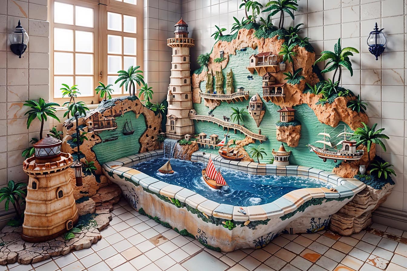 Цікавий дизайн ванної кімнати з ванною в морському стилі і маяком