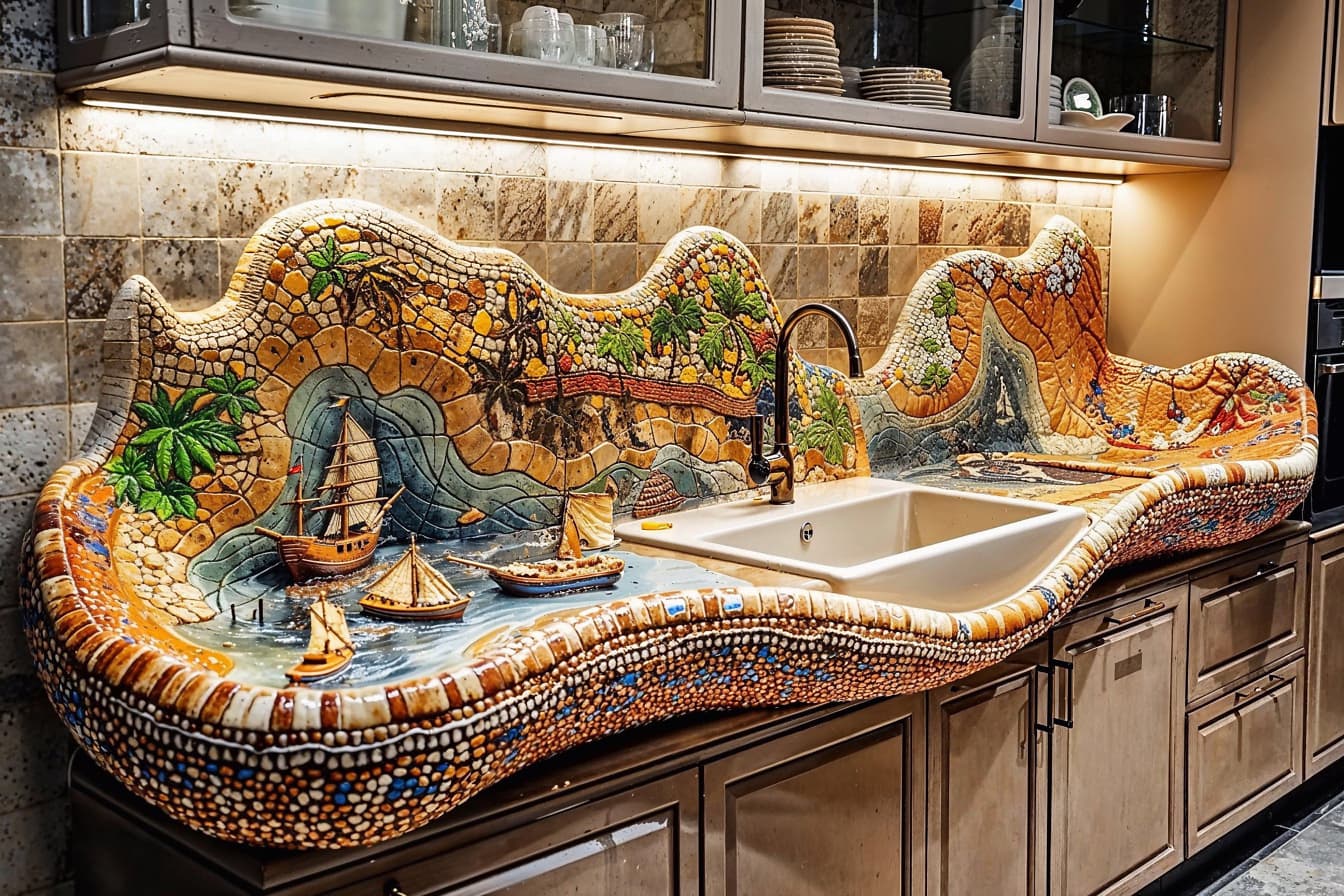 Küchenspüle im tropischen Stil mit Mosaik