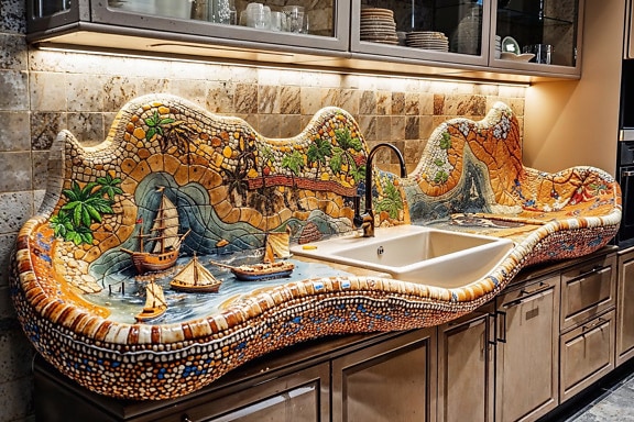 Кухненска мивка в тропически стил с мозайка