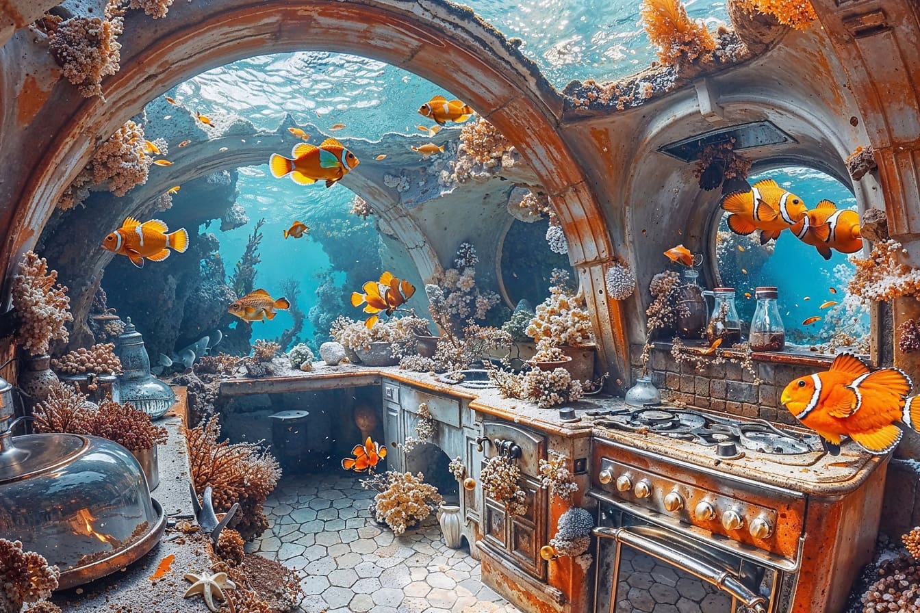 Estetiskt undervattenskök med fiskar och koraller