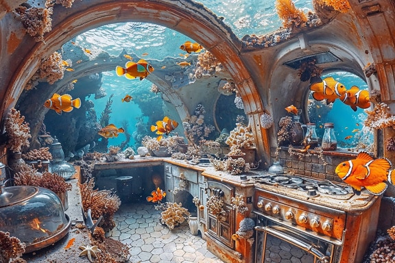 Cucina subacquea estetica con pesci e coralli