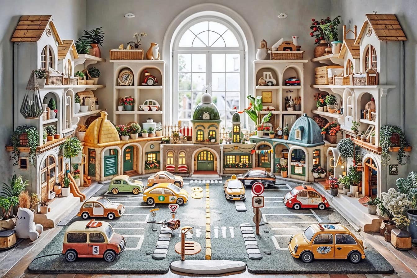 Juguetes de coches en estilo retro en alfombra con imagen de la calle en la habitación de los niños