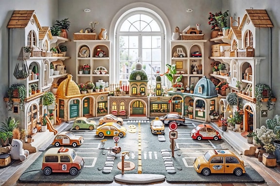 Spielzeug von Autos im Retro-Stil auf Teppich mit Bild der Straße darauf im Kinderzimmer