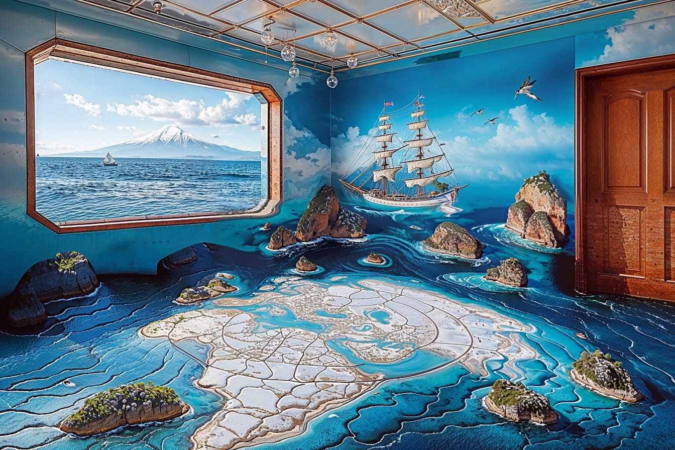 Cameră goală în stil nautic cu imaginea navei cu pânze pe perete și covor maritim pe podea