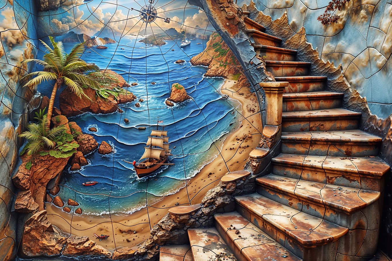 Naval style staircase with mural on the wall in rustic maritime style