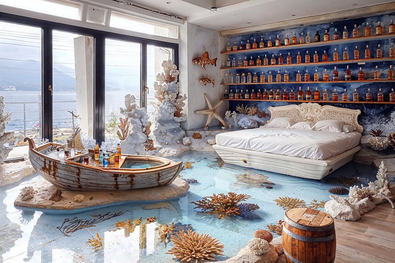 Stanza nautica con un letto galleggiante su una piscina e con mensole a parete con bottiglie di bevande alcoliche