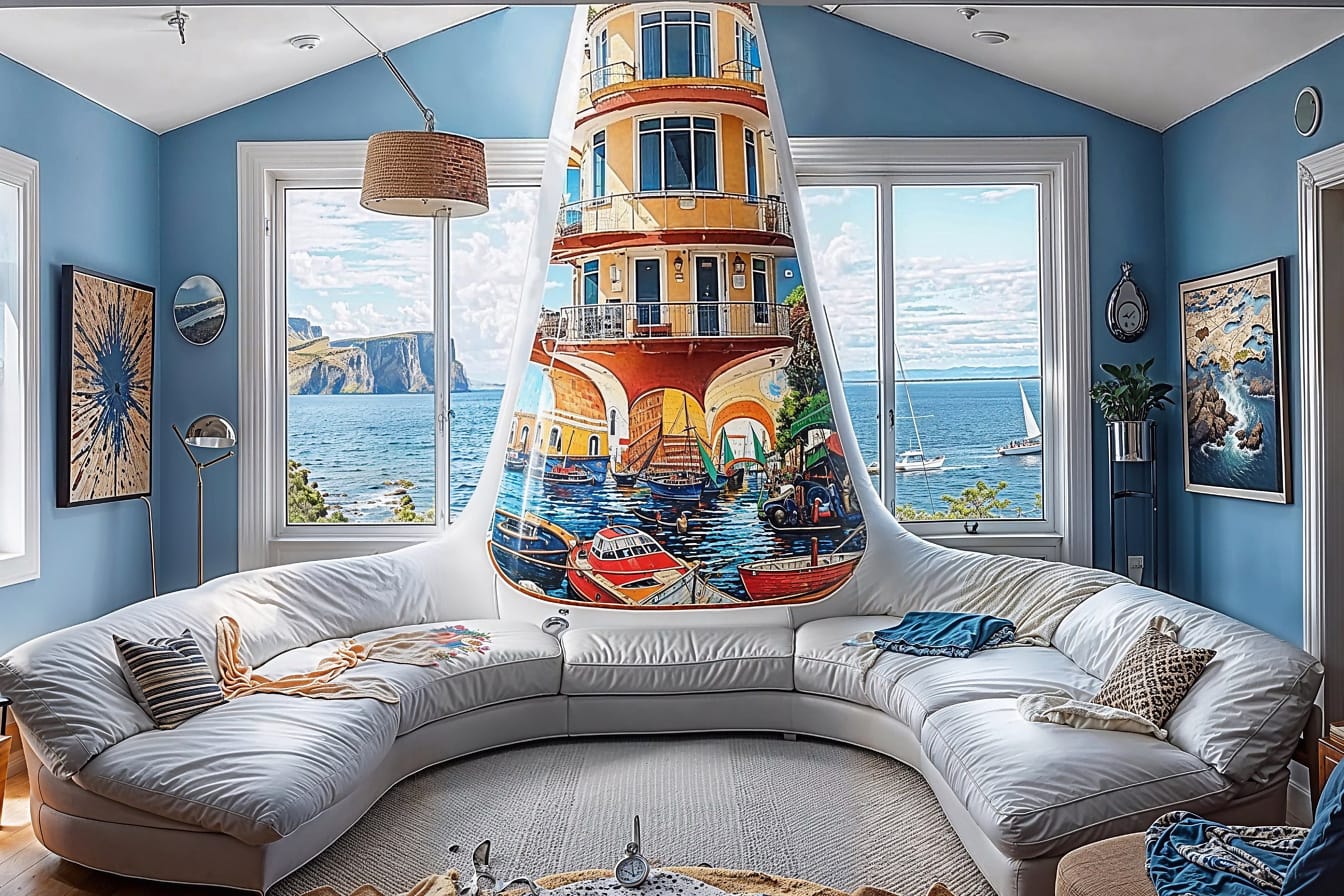Extraño diseño de un sofá dentro de la sala de estar