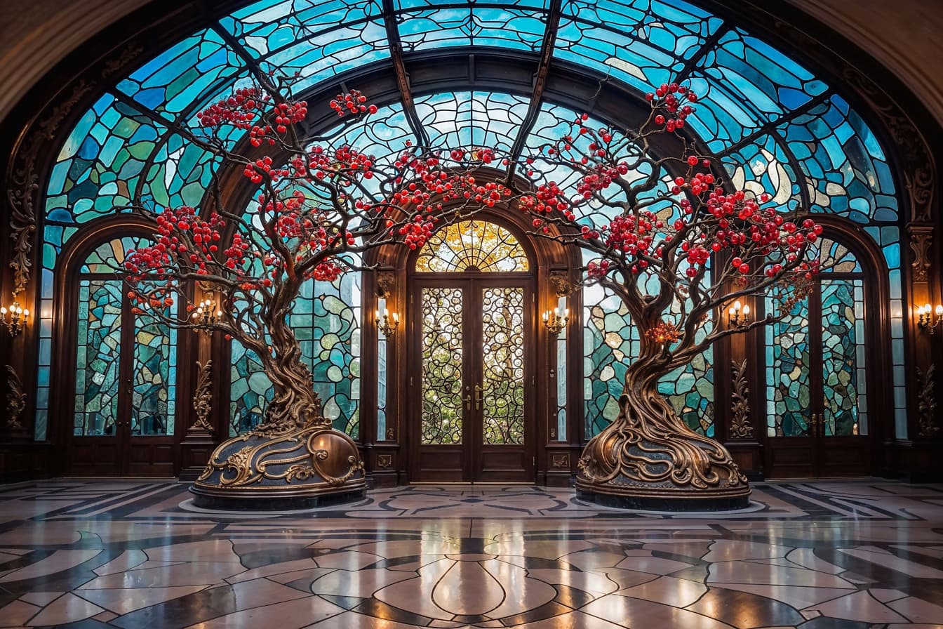 色付きのモザイクガラスと木の形をした2つの彫刻で作られた宮殿の息を呑むようなロビー