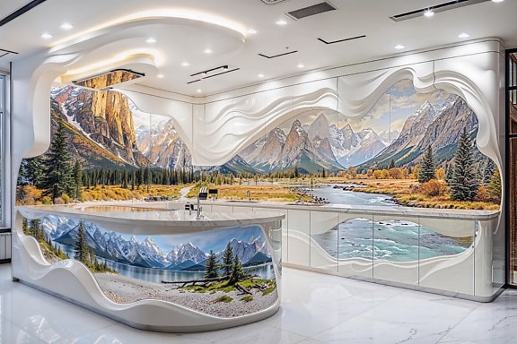 Elegant kitchen with a landscape mural on the wall