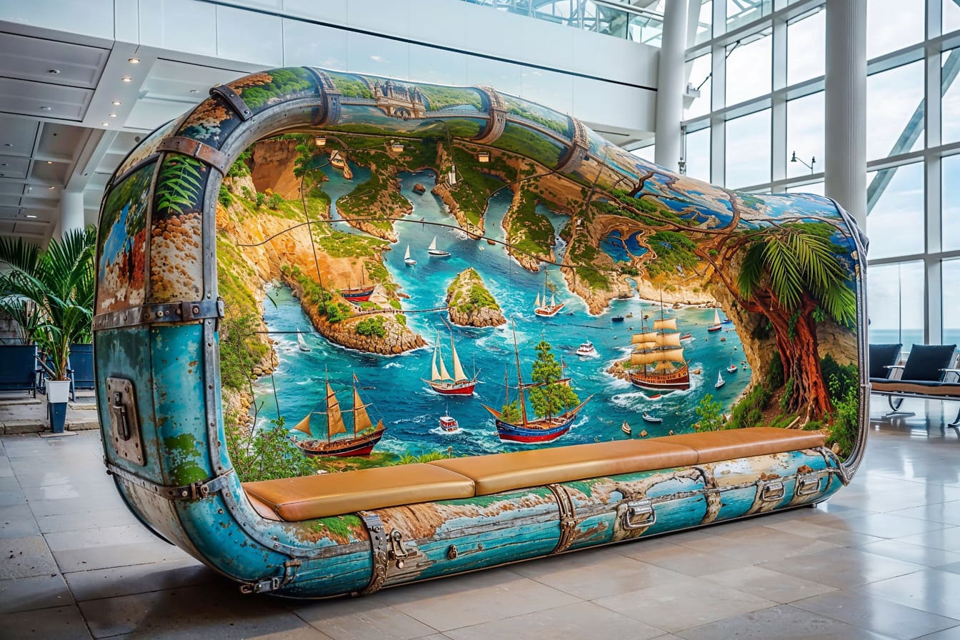 Уникальная красочная скамейка-диван в холле аэропорта в деревенском морском стиле