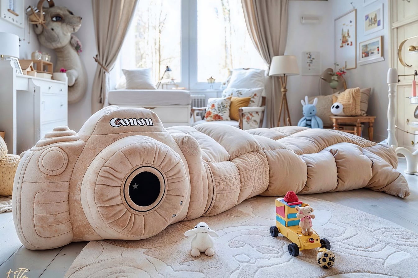 Çocukların çocuk odasında uyumaları için Canon fotoğraf makinesi tarzında rahat yatak